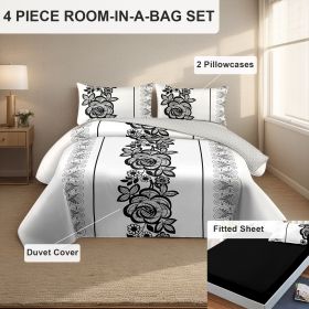 4 Piece Soft All-Season Washed Microfiber Cover Set , Queen/King/Calking Bedding Set With Zipper Closure, Sheet, Pillowcases,Print, Moisture-Wick (Color: black/white boho flower, size: KING)