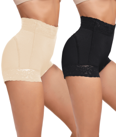 2 Pack Tummy Control Underwear for Women High Waisted Butt Lifting Panties Lace Breathable Comfortable Briefs (Color: Black+Skin, size: large)