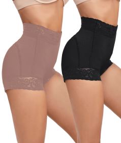 2 Pack Tummy Control Underwear for Women High Waisted Butt Lifting Panties Lace Breathable Comfortable Briefs (Color: Black+Purple, size: large)